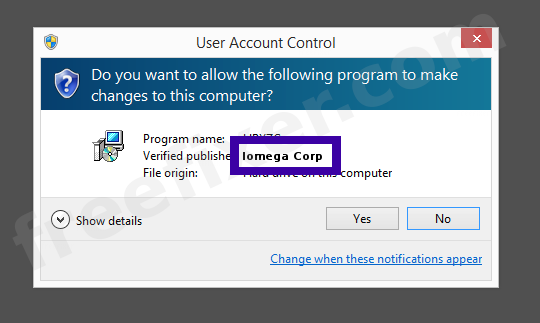Screenshot where Iomega Corp appears as the verified publisher in the UAC dialog